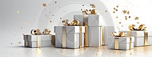 white and gold gift boxes on grey background with confetti