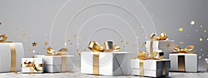 white and gold gift boxes on grey background with confetti