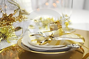 White and gold Happy New Year elegant fine dining table place setting