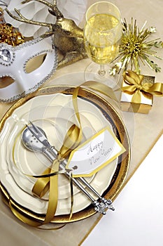 White and gold Happy New Year elegant fine dining table place setting - vertical