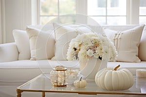 White and gold home autumn decoration. Flowers stand in a vase on the table next to the luxury sofa. Elegant home decor