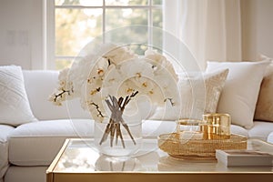 White and gold home autumn decoration. Flowers stand in a vase on the table next to the luxury sofa. Elegant home decor