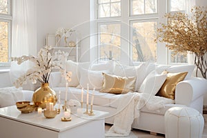 White and gold home autumn decoration. Flowers stand in a vase on the table next to the luxury sofa. Elegant home decor