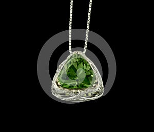 White Gold Necklace With Peridot And Diamonds On Black