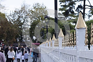 White and gold patterned fence with ottoman style patterns