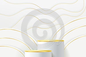 White, gold realistic cylinder pedestal podium with vertical stripes layers backdrop. Vector abstract studio room with 3d