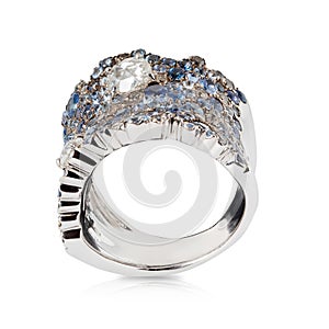 White gold ring with white diamonds, cognac diamonds and sapphires