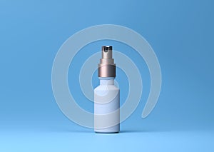 White and gold spray bottle, blank container mock up with spraying mist in 3d illustration on black background