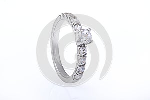 White Gold Wedding, Engagement Ring with Diamonds on White Background