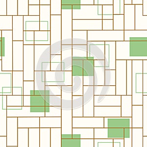 White and gold window grids with green squares seamless vector background. Geometric pattern with stripes and squares.