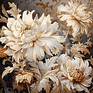 White and golden flowers on beige background.