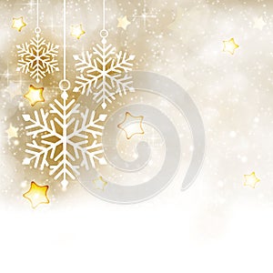 White golden winter, Christmas background with snowflakes and st