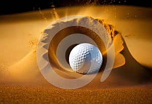 White golf ball in golden dry sand explosion on black background