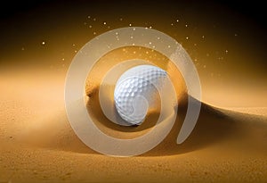 White golf ball in golden dry sand explosion on black background