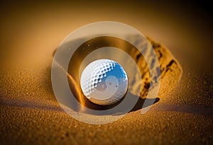 White golf ball in golden dry sand explosion on black background