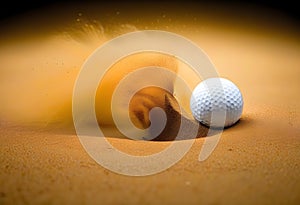 White golf ball in golden dry sand explosion on black background