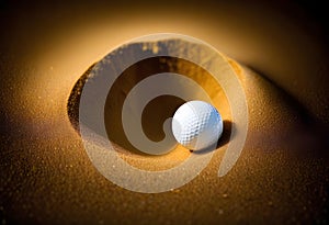 White golf ball in golden dry sand explosion on black background