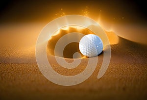 White golf ball in golden dry sand explosion on black background