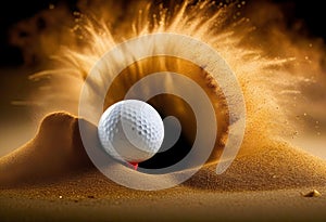 White golf ball in golden dry sand explosion on black background