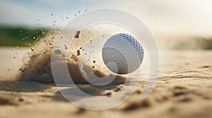 White golf ball in golden sand explosion on bunker background of golf course