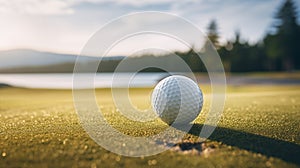 White golf ball in golden sand explosion on bunker background of golf course