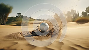 White golf ball in golden sand explosion on bunker background of golf course