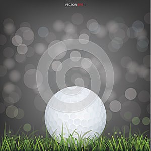 White golf ball in green grass field and light blurred bokeh background. Vector