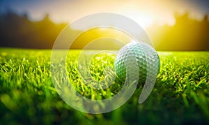White golf ball on the green grass. Game pitch lit with sun. Blurred backdrop. Generative AI