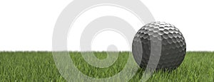 White golf ball on green grass golf course, close up view. 3d illustration