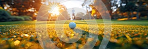 white golf ball on green grass of lawn on golf course in summer at sunset