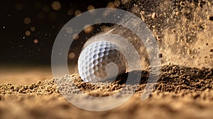 White golf ball hitting a sandy surface, causing a dramatic burst of sand particles