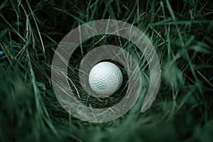 White golf ball in the long grass, white golf ball resting among blades of long grass