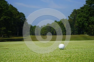 White golf ball near hole on green grass