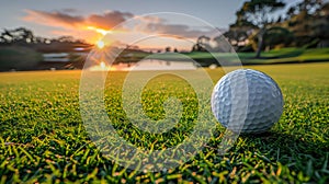 White golf ball on picturesque green golf course at sunset, in front of pond. Field is perfectly prepared, grass is neatly trimmed