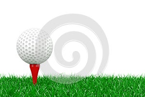 A White Golf Ball on Red Tee in Green Grass. 3d Rendering