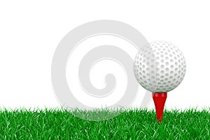 A White Golf Ball on Red Tee in Green Grass. 3d Rendering