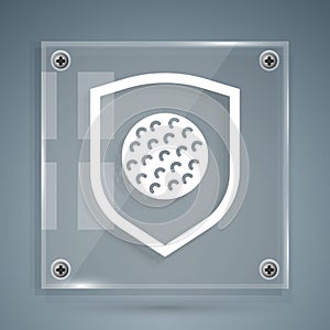 White Golf ball with shield icon isolated on grey background. Square glass panels. Vector