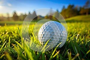 A white golf ball sits on a grassy field