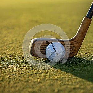 a white golf ball sitting on a green patch of grass next to a wooden golf club.close-up view