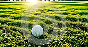 A white golf ball sitting on top of a green field with trees in the background.