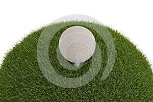 A white golf ball on tee in grass isolated on white background.