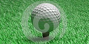 White golf ball on tee, green grass golf course, close up view. 3d illustration