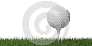 White golf ball on white golf tee in green grass over white background with shadow