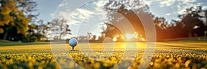 white golf ball on tee of lawn on golf course in summer at sunset close-up