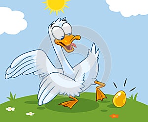 White Goose Cartoon Character With Golden Egg