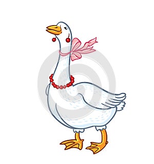 White Goose with pink bowknot isolated on white background photo