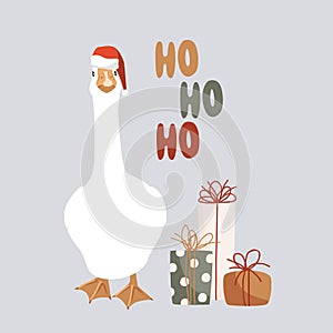 White goose in Santa Claus helper hat, gift boxes, and ho-ho-ho lettering isolated design element. Funny and cute goose