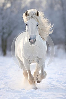 white gorgeous horse running on the snow with forest on background 2