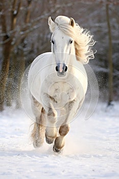 white gorgeous horse running on the snow with forest on background