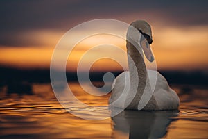 White graceful swan swimming at night water at golden sunset